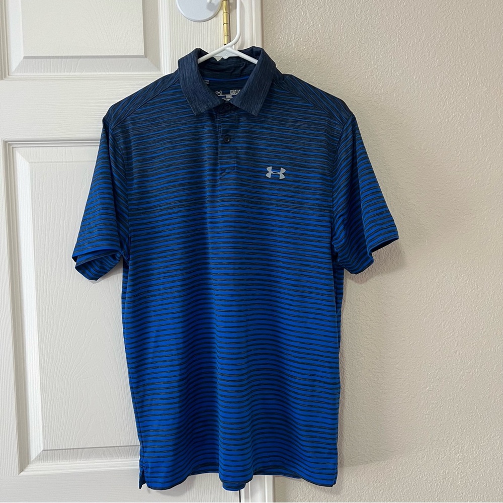 Under Armour HeatGear Blue Striped Polo Shirt Loose Fit Medium